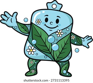 Friendly blue soap bar vector character decorated with fresh green leaves, white daisies, and bubbles. Perfect for organic skincare branding, natural hygiene campaigns, spa wellness materials, and eco-friendly product illustrations.
