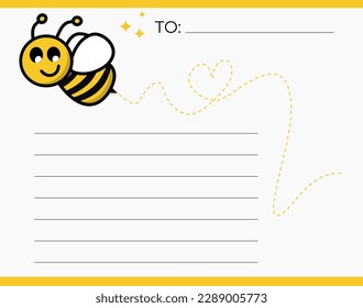 Friendly blying bee thank you card with dashed line and lines to write by hand if you wish as an invitation. Editable layered.