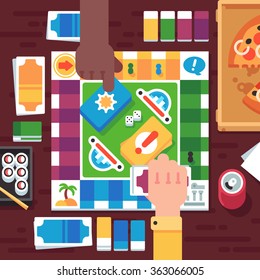 Friendly board game, cartoon hands, fast food on the table. Vector flat illustration.
