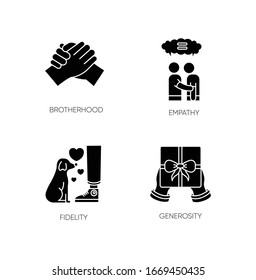 Friendly bonds black glyph icons set on white space. Strong emotional attachment, friendship silhouette symbols. Brotherhood, empathy, fidelity and generosity. Vector isolated illustration