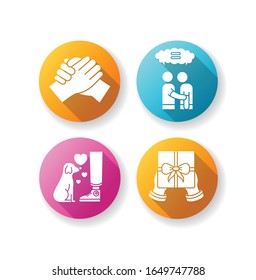 Friendly bonds flat design long shadow glyph icons set. Strong emotional attachment, friendship. emotional connection. Brotherhood, empathy, fidelity and generosity. Silhouette RGB color illustration