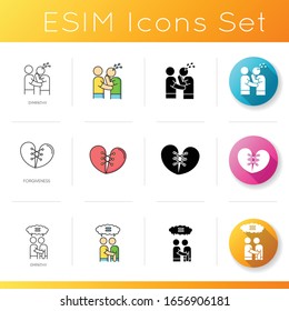 Friendly bonds icons set. Linear, black and RGB color styles. Strong emotional attachment, interpersonal relationship, friendship. Sympathy, forgiveness and empathy. Isolated vector illustrations
