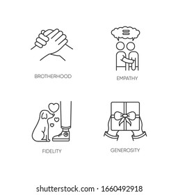 Friendly bonds pixel perfect linear icons set. Customizable thin line contour symbols. Brotherhood, empathy, fidelity and generosity. Isolated vector outline illustrations. Editable stroke