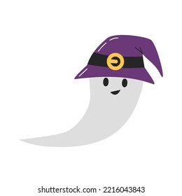 Friendly boo phantom silhouette flying in witch hat isolated on white. Cute smiling ghost with purple wizard accessories. Funny Halloween spirit character. Creature hand drawn flat vector illustration