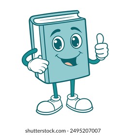 Friendly book character with thumbs up, cartoon style illustration. Bright colors, perfect for educational websites and book-related content