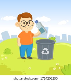 Friendly boy in big eyeglasses throwing plastic bottle in recycle bin on city and blue sky background. Colorful cartoon flat vector illustration.