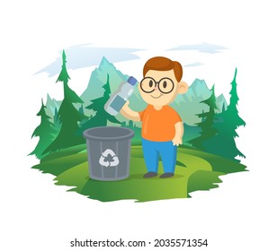 Friendly boy in big eyeglasses throwing plastic bottle in recycle bin on city and blue sky background. Colorful cartoon vector illustration.