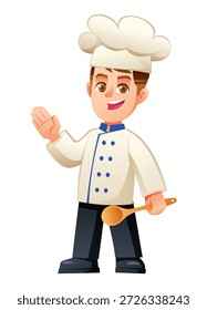 Chef chico amable que agita su mano mientras sostiene una cuchara de madera en la otra mano. Ilustración de personaje de dibujos animados de Vector