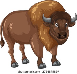 A friendly brown bison vector character with large horns isolated on a white background