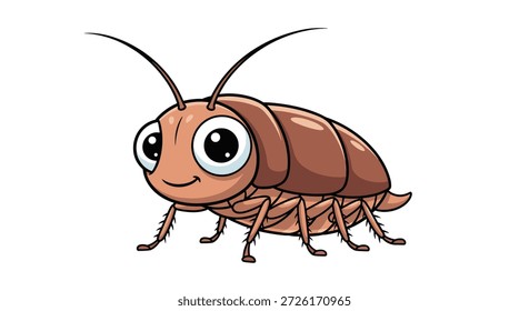 Personaje amigable de cucaracha marrón con grandes ojos expresivos y largas antenas se encuentra sobre un fondo blanco liso en esta ilustración.