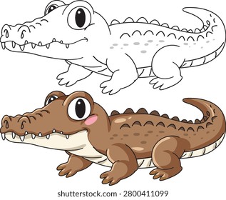 A friendly brown crocodile character presented alongside a black and white line art version
