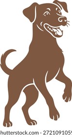 Um cão marrom amigável de pé sobre patas traseiras com cauda abanando e expressão de boca aberta.