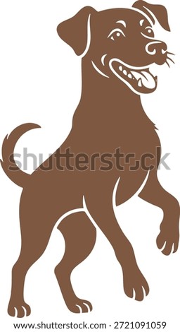 A friendly brown dog standing on hind legs with wagging tail and open mouth expression.