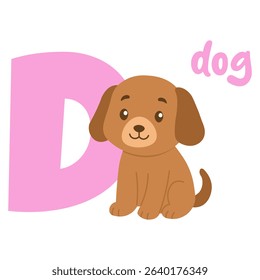 A friendly brown puppy sits beside a pink letter D introducing children to the alphabet through cute educational illustration