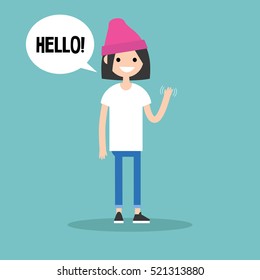 Friendly brunette girl saying "Hello" and waving hand / editable vector clip art illustration