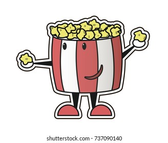 friendly bucket with popcorn gives grain,good cartoon character, snack to watch the movie,color sticker, vector image, flat design,outline style