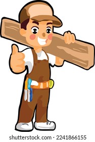 constructora amigable en sombrero, portando madera y cinturón con herramientas