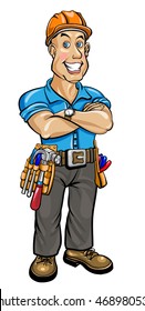 Friendly builder with helmet and a belt with tools