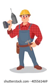 Friendly builder with helmet, carrying a drill and a belt with tools