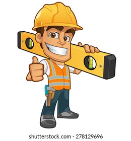 Friendly builder with helmet, carrying a level bubble and a belt with tools