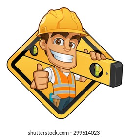 Friendly builder with helmet, carrying a level bubble and a belt with tools