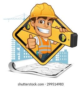 Friendly builder with helmet, carrying a level bubble and a belt with tools