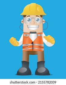 Friendly builder in a helmet, gloves and protective glasses. Construction worker character for animation. vector illustration