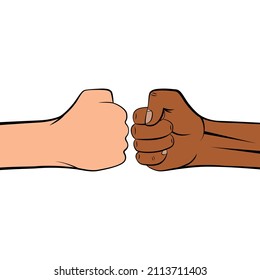 Friendly bump of clenched man fists against each other. Greeting hands gesture. Concept of teamwork, partnership, friendship and unity. Vector illustration