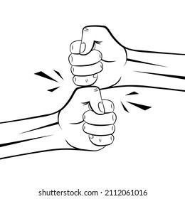 Friendly bumping of clenched fists together. Greeting hands gesture. Outline concept of teamwork, partnership, friendship and unity. Vector illustration