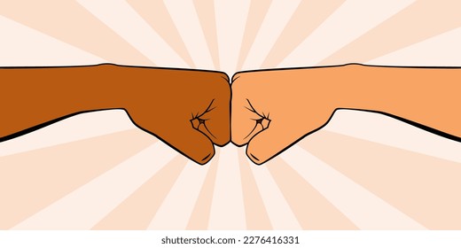 Friendly bumping of clenched fists together. Greeting hands gesture. Vector illustration of friendship, partnership, teamwork and unity