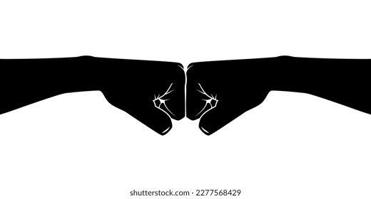 Friendly bumping of clenched silhouette fists together. Greeting hands gesture. Vector illustration of friendship, partnership, teamwork and unity