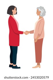 Friendly or business handshake. Friendly people shaking hands. People greet each other, make a deal, cooperate. Vector illustration in flat style on white background.