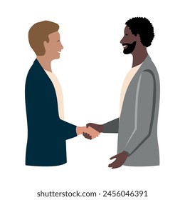 Friendly or business handshake. Friendly people shaking hands. People greet each other, make a deal, cooperate. Vector illustration in flat style on white background.