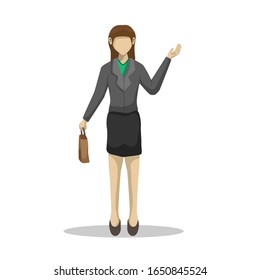 Friendly business woman, standing by holding a bag The design character of the isolated female office worker in a business suit smiles