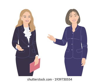 Friendly business women in strict clothes isolated on white. Office worker, spokesperson, presentation, communication, inviting to event. Female characters vector flat illustration. 