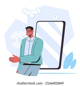 Un hombre de negocios amistoso extiende su mano para darle un apretón de manos. Cooperación, iniciativa conjunta y proyecto empresarial. Concepto de contrato o acuerdo en línea, ilustración plana vectorial aislada en fondo blanco.