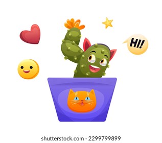 Friendly cactus in pot icon. Funny houseplant with face, flower and cat ears says hi. Colored sticker with prickly plant and heart for websites. Cartoon flat vector illustration on white background