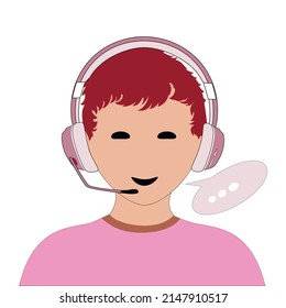 operador de centro de llamadas amigable en un auricular, una ilustración vectorial plana en un fondo blanco.
