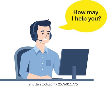 Friendly call center representative wearing a headset and working at a desk, symbolizing customer service, support, and communication