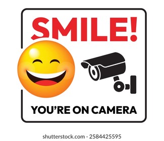 Friendly Camera Surveillance Sign Vector. Positive security notice with smiling emoji and camera icon.