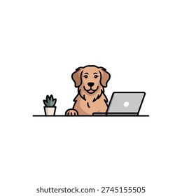 Friendly canine pet sitting behind computer at workstation