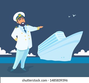 Friendly captain of the cruise liner invites to the board, pointing his hand, smiling. Sea voyage. Vector cartoon flat style illustration, blue sea background.