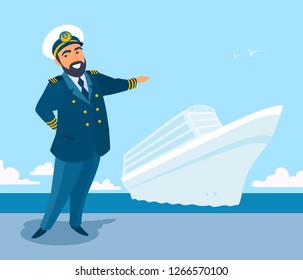 Friendly captain of the ship invites to the board, pointing his hand, smiling. Sea voyage. Free space for text, ads, advertising. Vector cartoon flat style illustration, blue sea background.