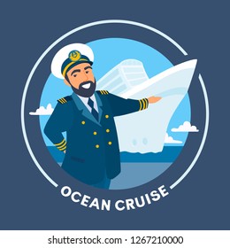 Friendly captain of the ship invites to the board, pointing his hand, smiling. Sea voyage advertising poster with text. Vector cartoon flat style illustration, blue sea with a liner on the background.