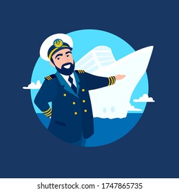 Friendly captain of the ship invites to the board, pointing his hand, smiling. Sea voyage advertising. Ocean liner cruise welcoming ad cartoon illustration. Greeting aboard.