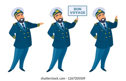 Friendly captain of the ship welcomes, invites. The kind bearded man waving, pointing his hand, holding banner with text, smiling. Vector cartoon flat style illustration, isolated on white background.