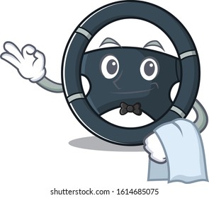 Friendly car steering Character stand as a Waiter character