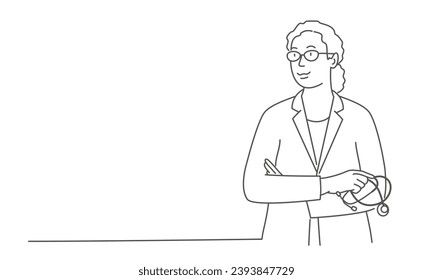 Friendly and caring medical worker in white coat holding stethoscope in her hand. Hand drawn vector illustration. Black and white.