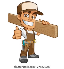 
Friendly carpenter, he is dressed in work clothes and carrying a wooden