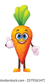 Friendly carrot character giving a thumbs up with a bright smile. Vector cartoon illustration